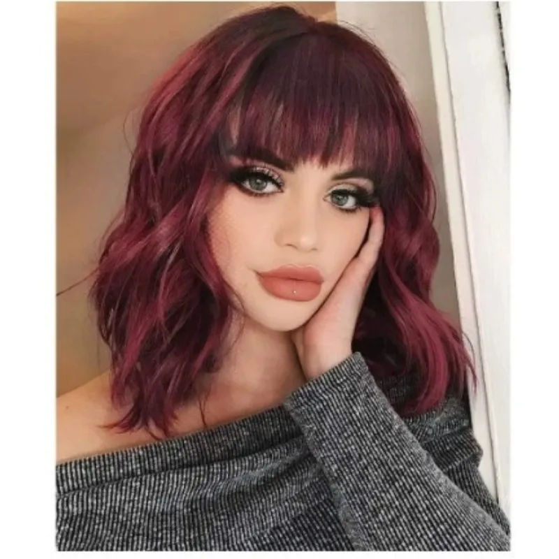 Short Water Wave Wig with Bangs - Ombre Color Synthetic Lolita Cosplay Hairpiece - Natural Fluffy Daily & Party Wear