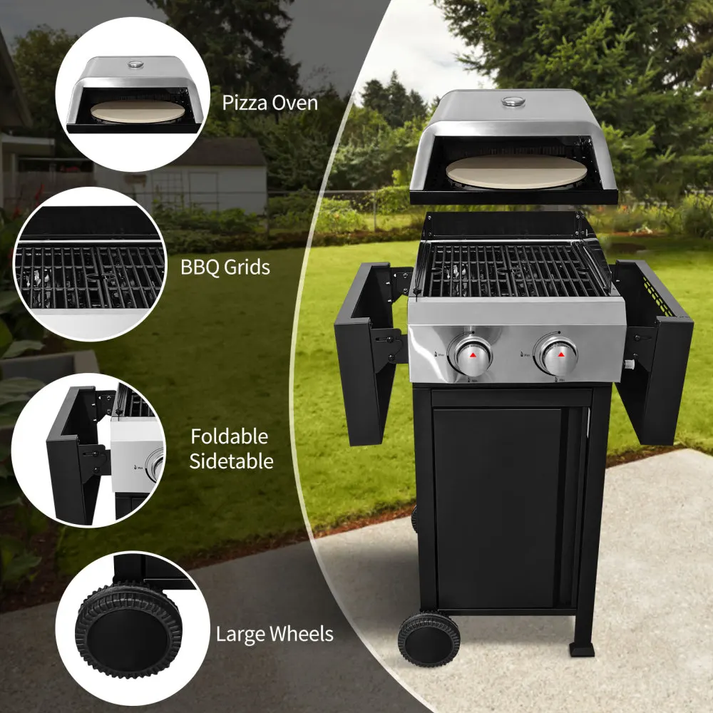 キャンプや共連れの屋外調理用の2バーナーガスグリルとピザオーブン。