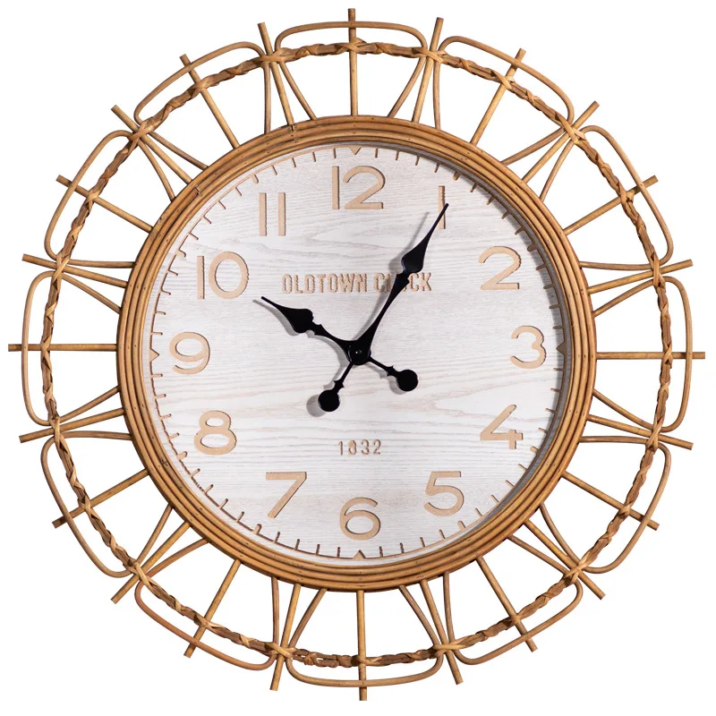 Vintage Wall Clock Living Room Home Simple Atmosphere Personalized Wall Watch Rattan Weaving Retro Wall Decoraiton