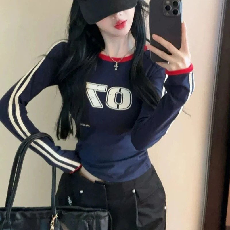 High Street Patchwork Contrast Slim Short T Shirts Long Sleeve O-neck Tops Tees Spring Autumn New Vintage Casual Women Clothing
