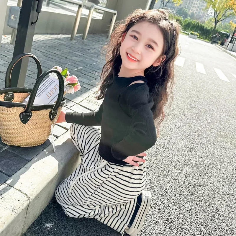 2024 New Fashion Girls Baby 2pcs Clothing Set off shoulder tops shirts+striped casual pants Kids Children Spring Autumn Clothes