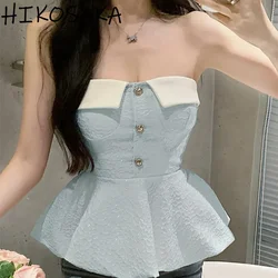 Korean Chic Contrast Color Vest For Women Cuffs Off Shoulder Slash Neck Tube Top Ruffled Patchwork Slim Waist A-line Camis Tank