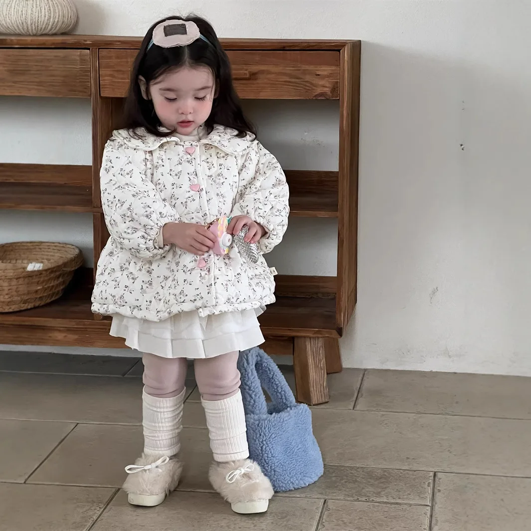 Baby Flower Picture Coat Thick Winter and Autumn Korean New Style Fashion Keep Warm Kids White Jacket 2025