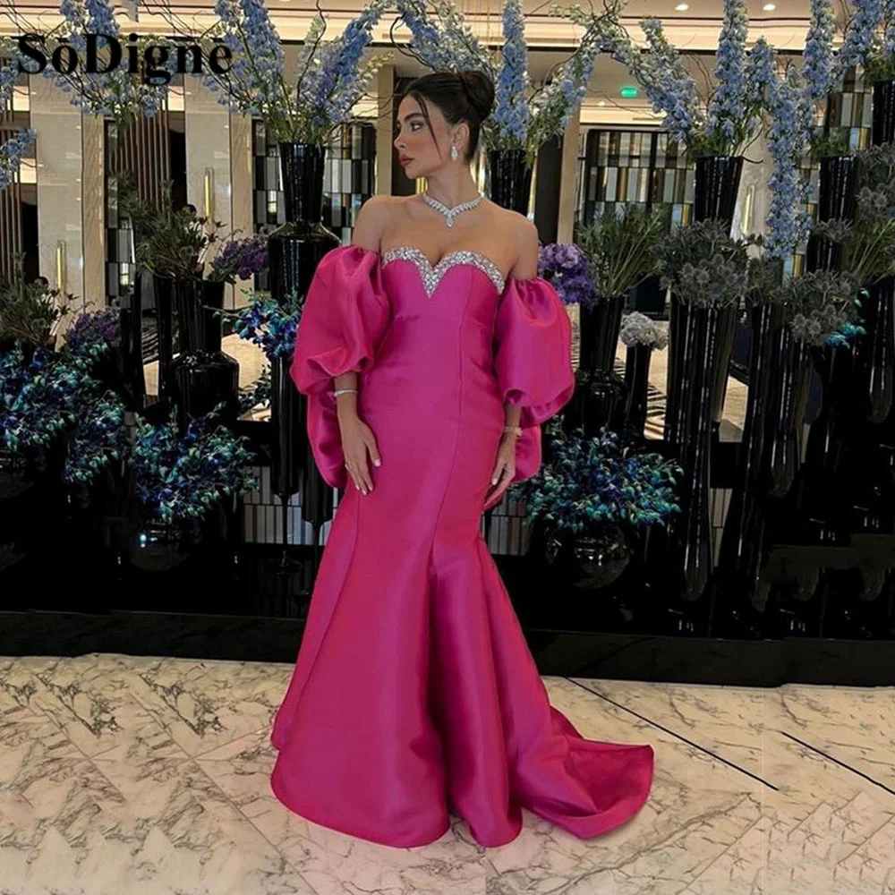 

SoDigne SoDigne Hot Pink Satin Mermaid Prom Dresses Sweetheart Sequin Puff Sleeves Formal Evening Dress Wedding Party Gown