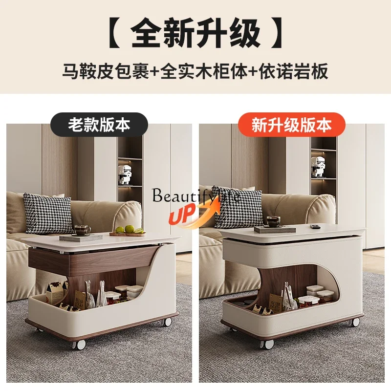 

09Solid wood antique movable sofa side few with wheeled cart coffee table small apartment living room lift high-end househo