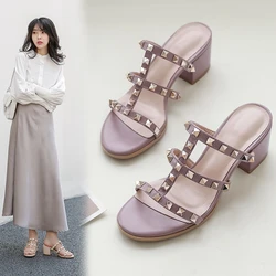 Women's New Summer European and American Metal Rivet Large Leather Cowhide High Heel Open Toe Roman Sandals