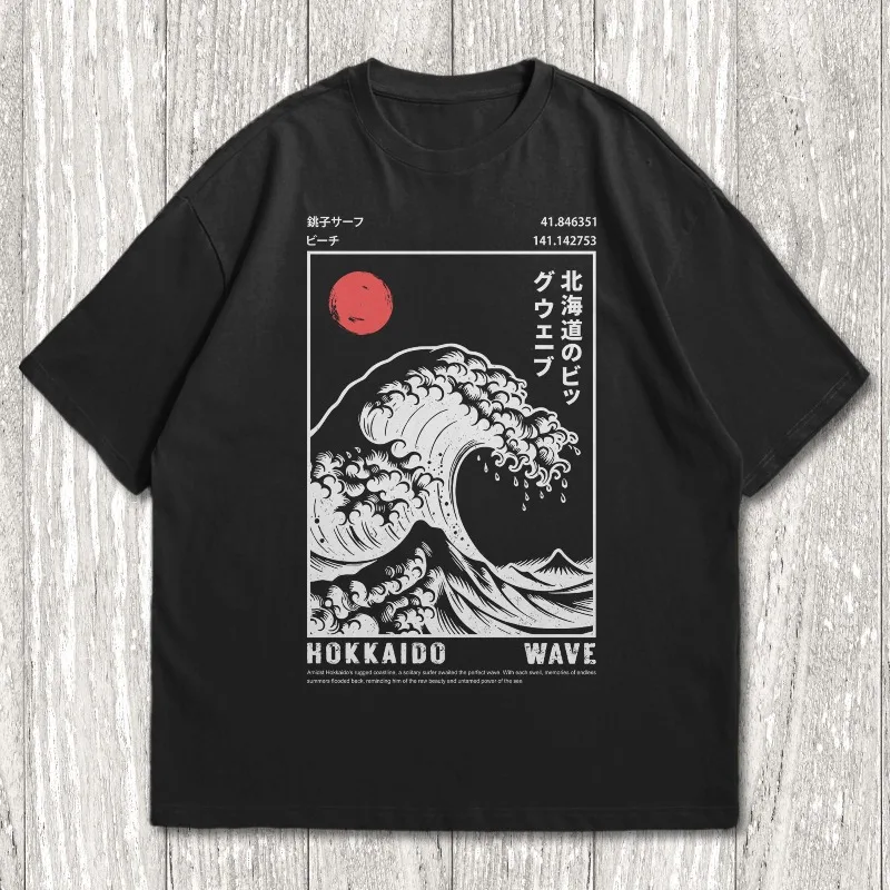 Hokkaido Wave Pattern T-shirt, Ukiyo-e Giant Wave Pattern T-shirt for Men, Summer New Unisex T-shirt