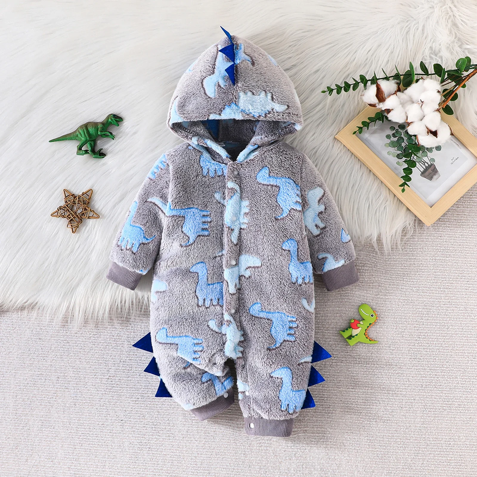 Infant Baby Boy Plush Front Button Romper Dinosaur Pattern Hooded Snap Closure Overall Winter Winter Long Sleeve Jumpsuits