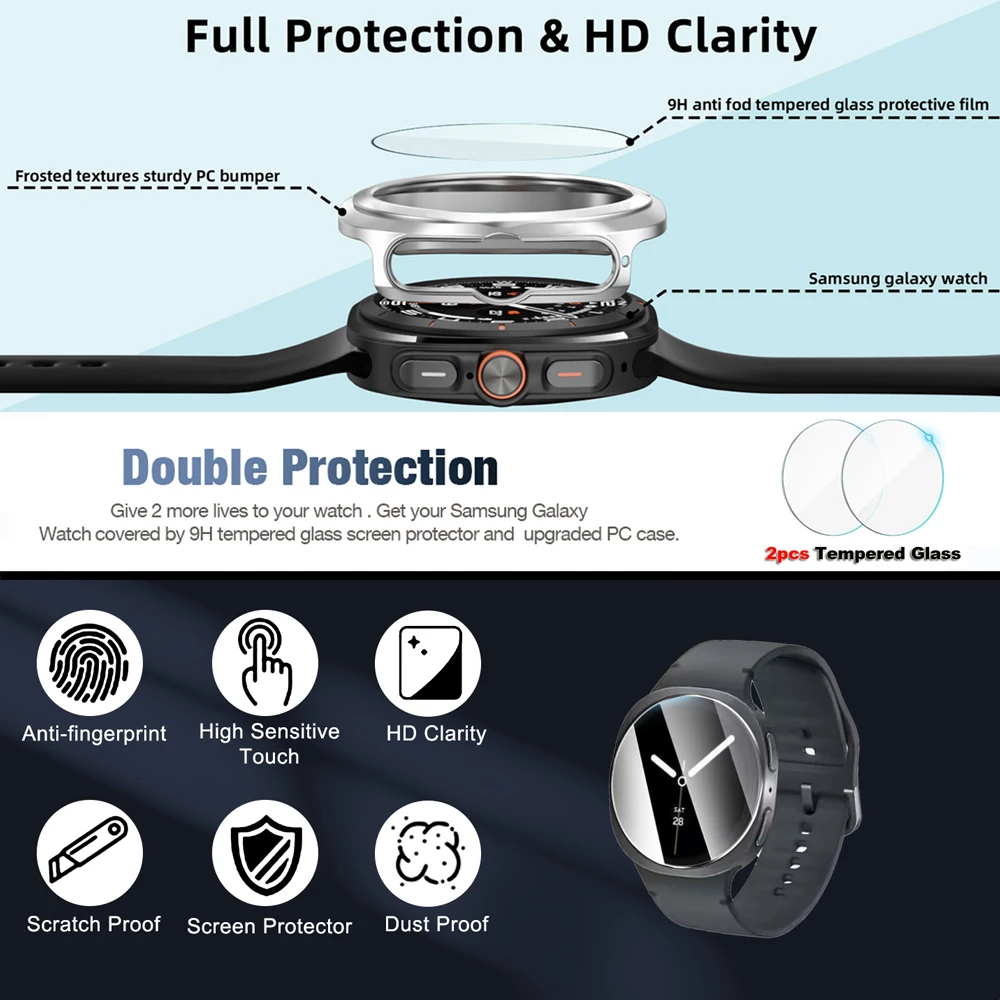 Закаленное стекло + чехол для часов из ПК для Samsung Galaxy Watch 8, 40 мм, 44 мм, аксессуары с ТПУ, чехлы для Galaxy Watch 8, протектор