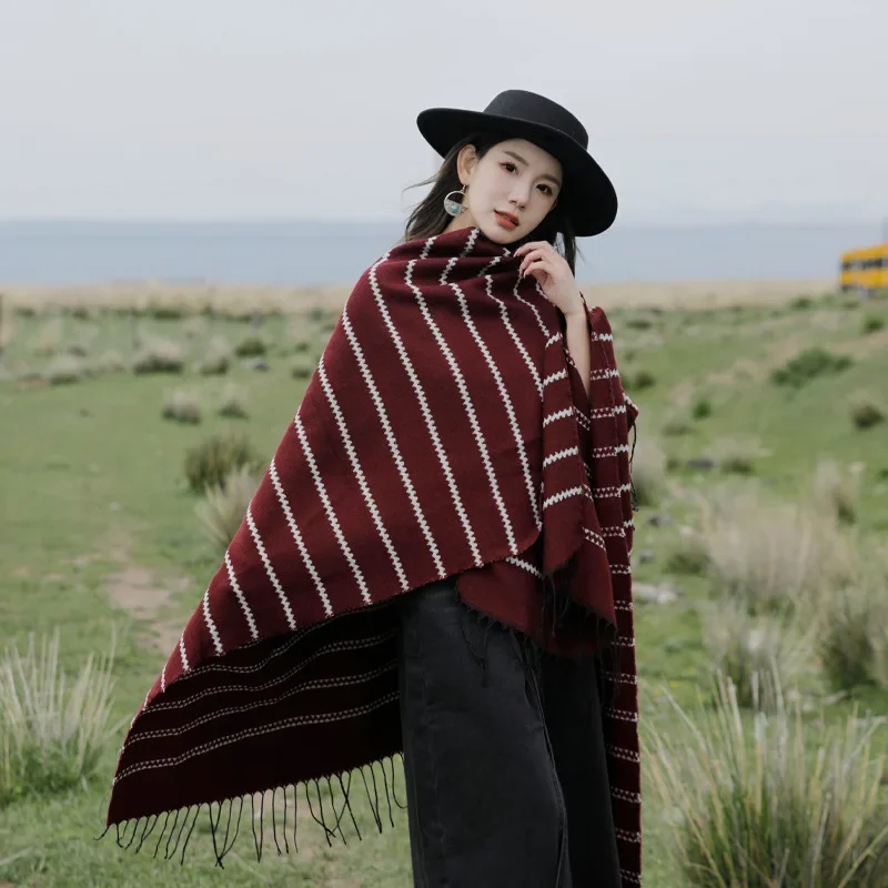 Poncho Cloak Shawl Travel Striped Women's Split Shawl Ethnic Style Knitted Shawl Warm Tassel Windproof Cape Fashion Lady Coat