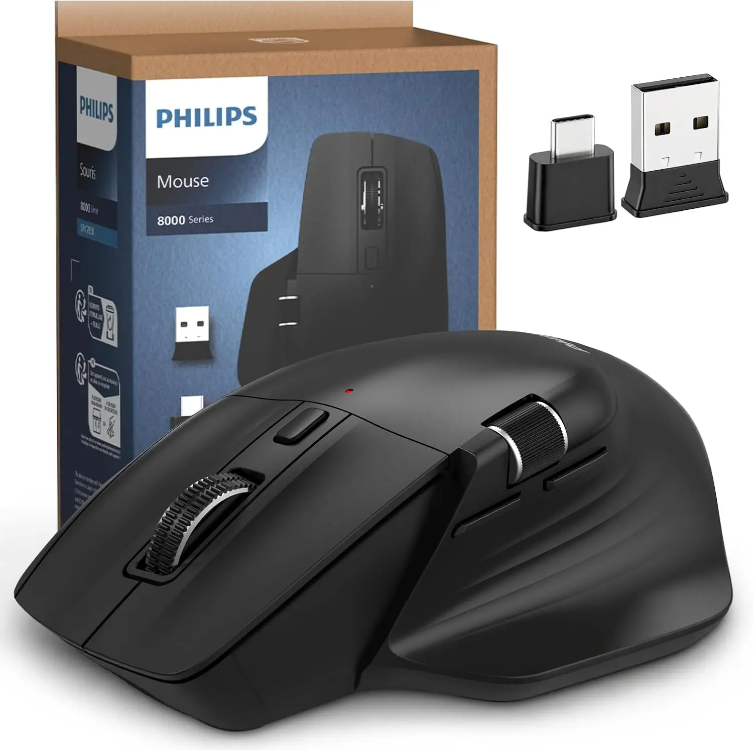 PHILIPS SPK7858 Ergonomic Wireless Mouse Side Scroll 4000DPI Dual Dongle Bluetooth 5.0 Silent Click Rechargeable for Laptop