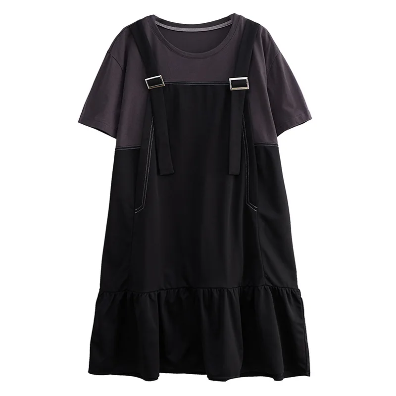 160Kg Bust 160 Large Size Women\'s Summer New Loose Short Sleeve Fake Two Piece Strap Dress Black 6XL 7XL 8XL 9XL 10XL