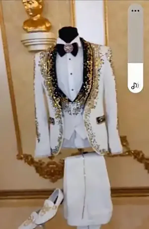 White Men's Suits Fashion 3 Pieces Sets Jacket Vest Pants Sequined Beaded Groom Prom Blazers Decoration Tuxedos Men