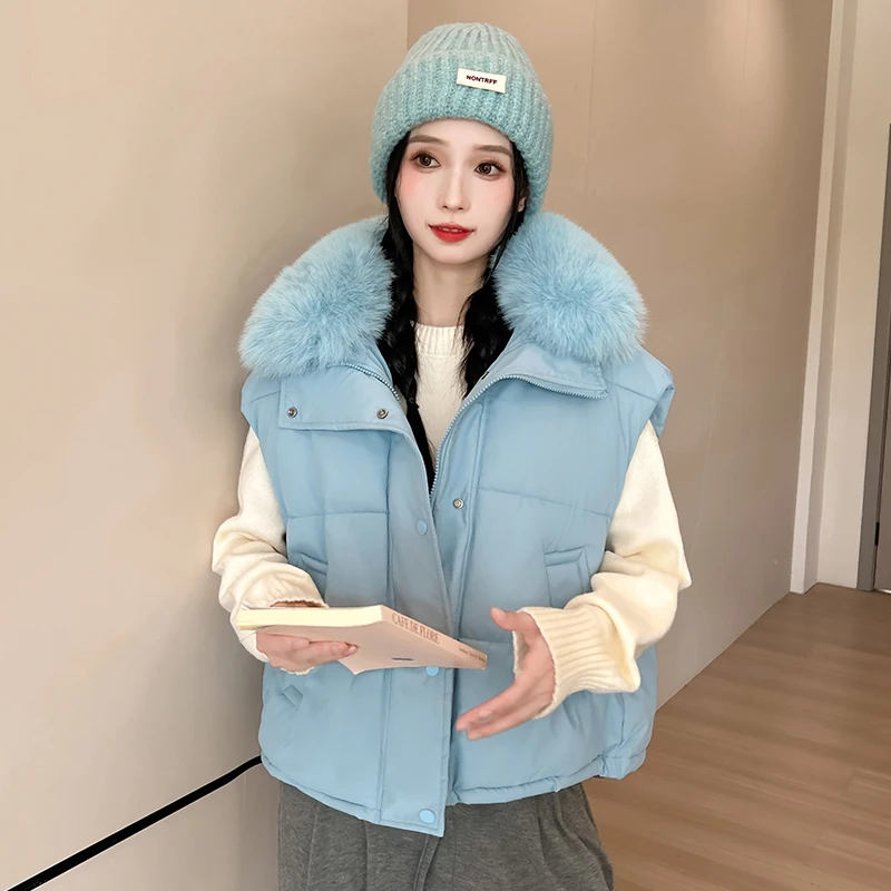 Women's Vest Autumn Winter New Korean Version Loose Versatile Down Cotton Vest Back and Fur Collar for Wearing Short Outerwear