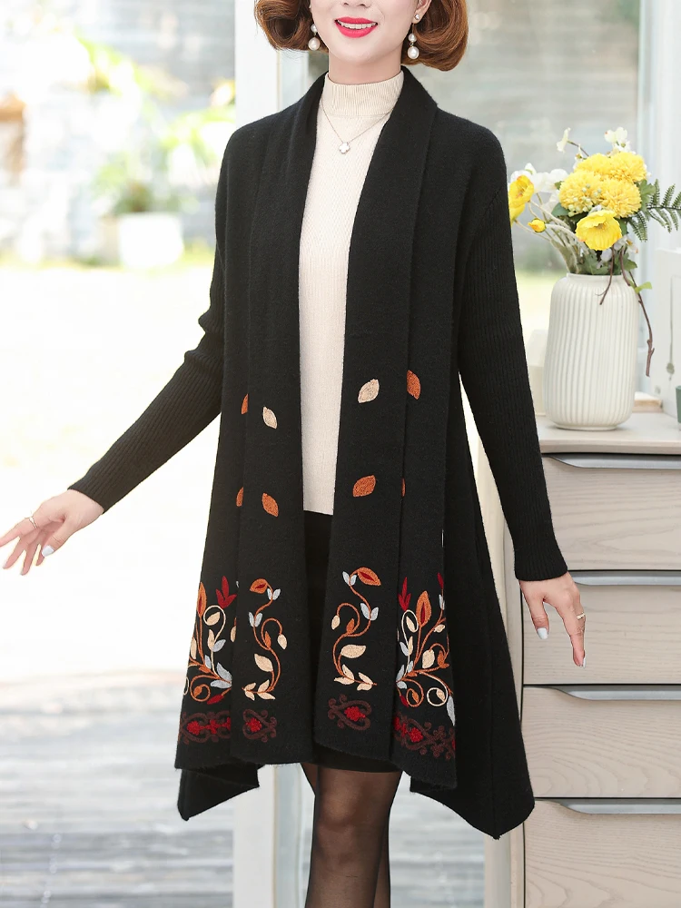 

Embroidery Floral Cardigans Spring Autumn Sweater Women Knitted Top Femme Fashion Black Long Coat Female Cardigan