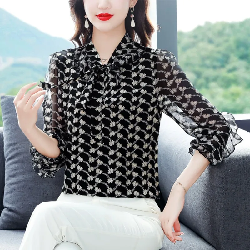 Spring Summer Women\'s Clothing Pullover Scarf Collar Houndstooth Chiffon Petal Long Sleeve T-Shirts Comfortable Beachy Tops