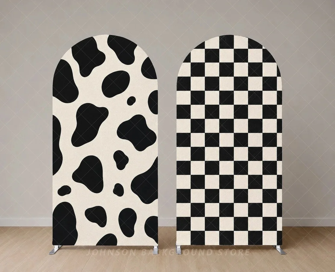 Cow Print and Checkerboard grid Arch Backdrop Cover Western Farm Birthday Party Background Black White Rodeo Baby Shower Decor