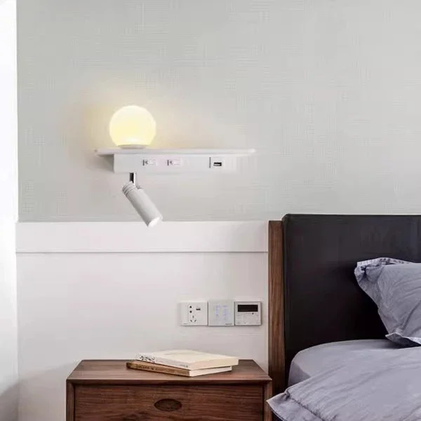 USB Charging Reading Wall Sconce with Switch Hotel Bedroom Bedside Wall Lamp with Shelf Adjustable Spotlight Book Light 5W