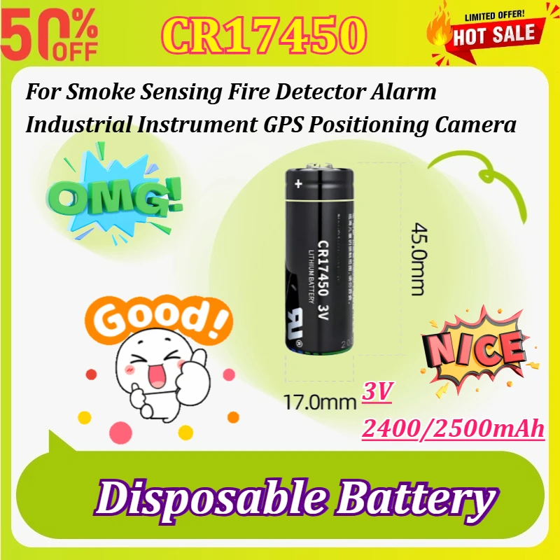 CR17450 3V 2400/2500mAh Disposable Battery for Smoke Sensing Fire Detector Alarm Industrial Instrument GPS Positioning Camera