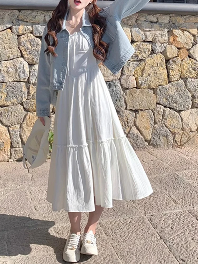 Süße weiße Riemen Dr Damen Sommer neue kleine Größe Strand Urlaub langen Rock koreanische Sle hohe Taille Polyesterfaser