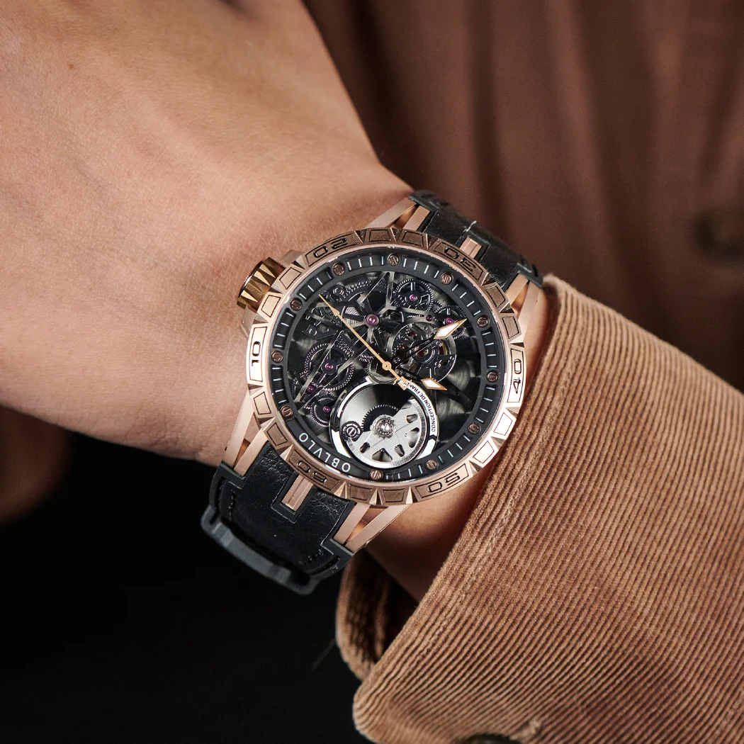 Автоматические механические мужские часы-скелетоны OBLVLO с резиновым ремешком, сапфировые водонепроницаемые часы цвета розового золота LM