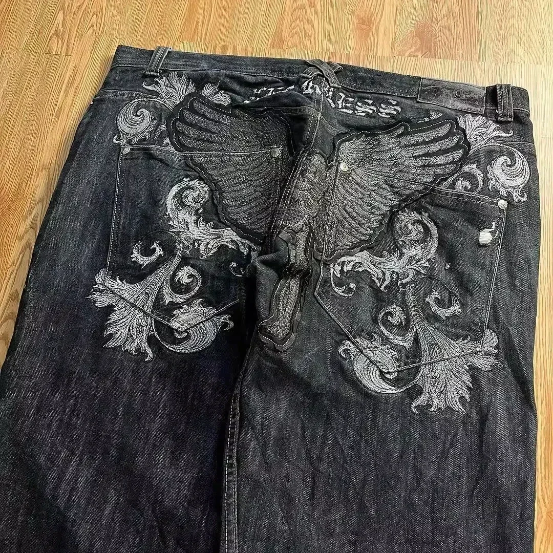 2000s American Fashion Pattern Embroidery Loose Jean Men Street Casual Joker Mopping Oversized Wide-leg Pants Couple Jeans