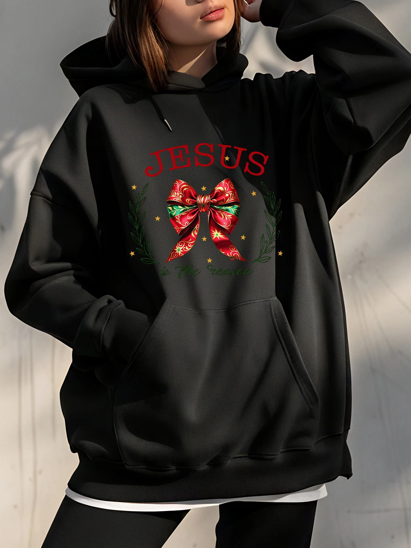 

Рождественская толстовка с капюшоном «Иисус — это причина» с красным бантом и принтом, женская повседневная толстовка, праздничный модный рождественский подарок для женщин