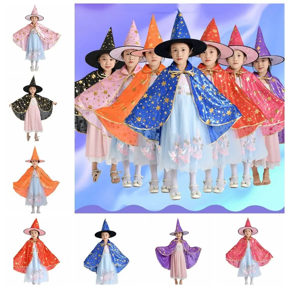 Ster Heksenmantel Cape met Hoed Vergulden Goochelaar Outfit Kids Halloween Mantel Sets Cosplay Kostuums Halloween Kleding