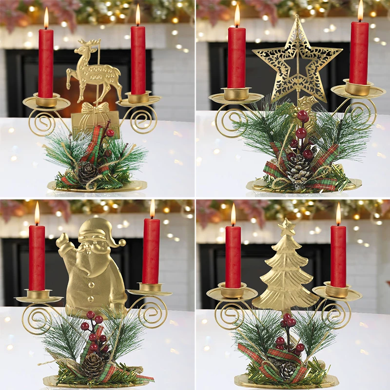 1pc Navidad Noel Christmas Candle Holde New Year Santa Claus Elk Golden Iron Candlestick Decorations Xmas Table Berry Ornament 