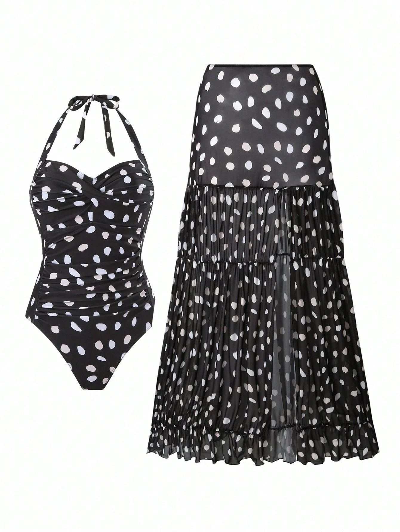 

Женский слитный купальник с вырезом халтер и комплектом из многоярусной макси-юбки в горошек