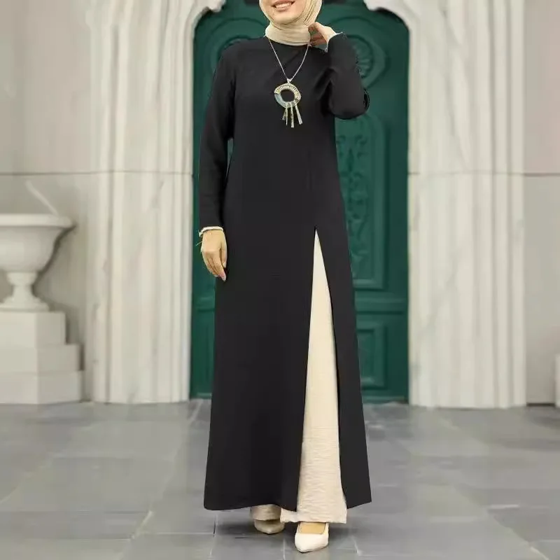 2025 New Muslim Ramadan Prayer Suit Ice Silk Wrinkle Long Sleeve High Split Hems Abayas for Women  Elegant Temperament Robe Set
