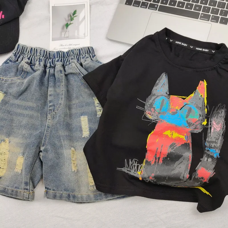 

2Pcs Toddler Boy Shorts Set Summer Outfit Children Doodle Cat Short Sleeve T-Shirts And Denim Shorts Kids Clothes For 2-10Years