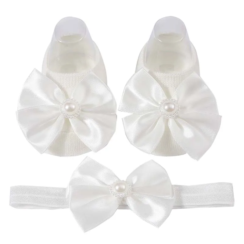 

Newborn Princess Socks and Headband Sets Cute Pearl Bowknot Shoes Autumn Toddler Non-slip Socks Hairband Baby Girls Accessories