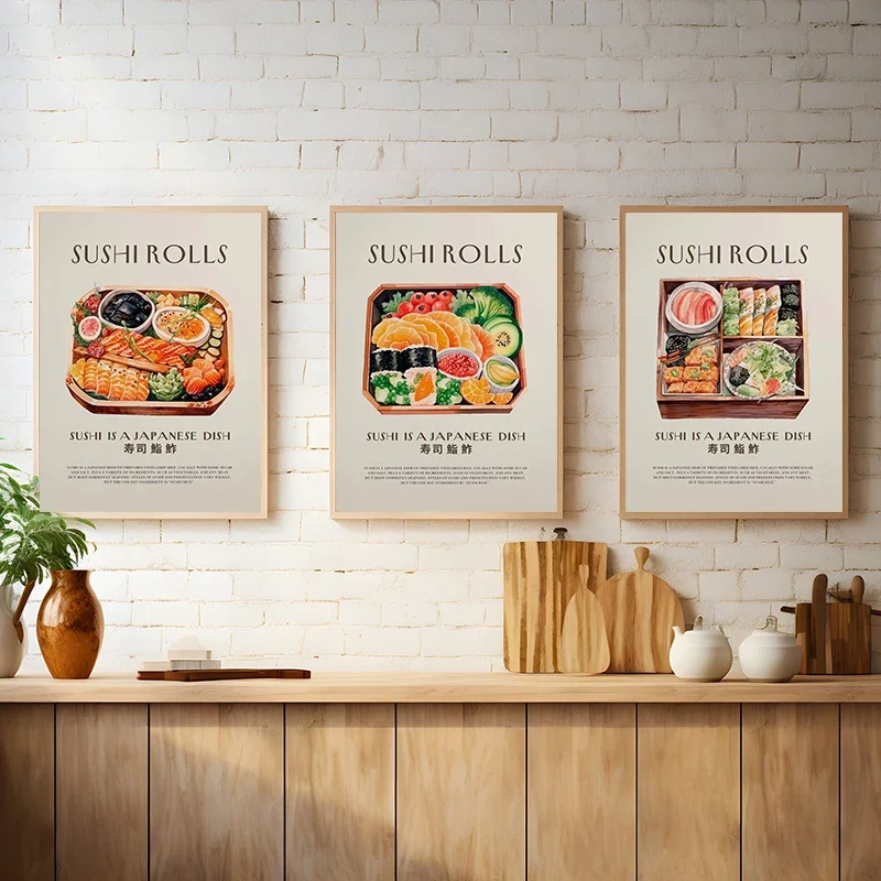 Pinturas en lienzo, arte de pared, imágenes HD para habitación, decoración del hogar, cocina moderna, comida deliciosa, fideos Udon, Sushi, salmón, Retro