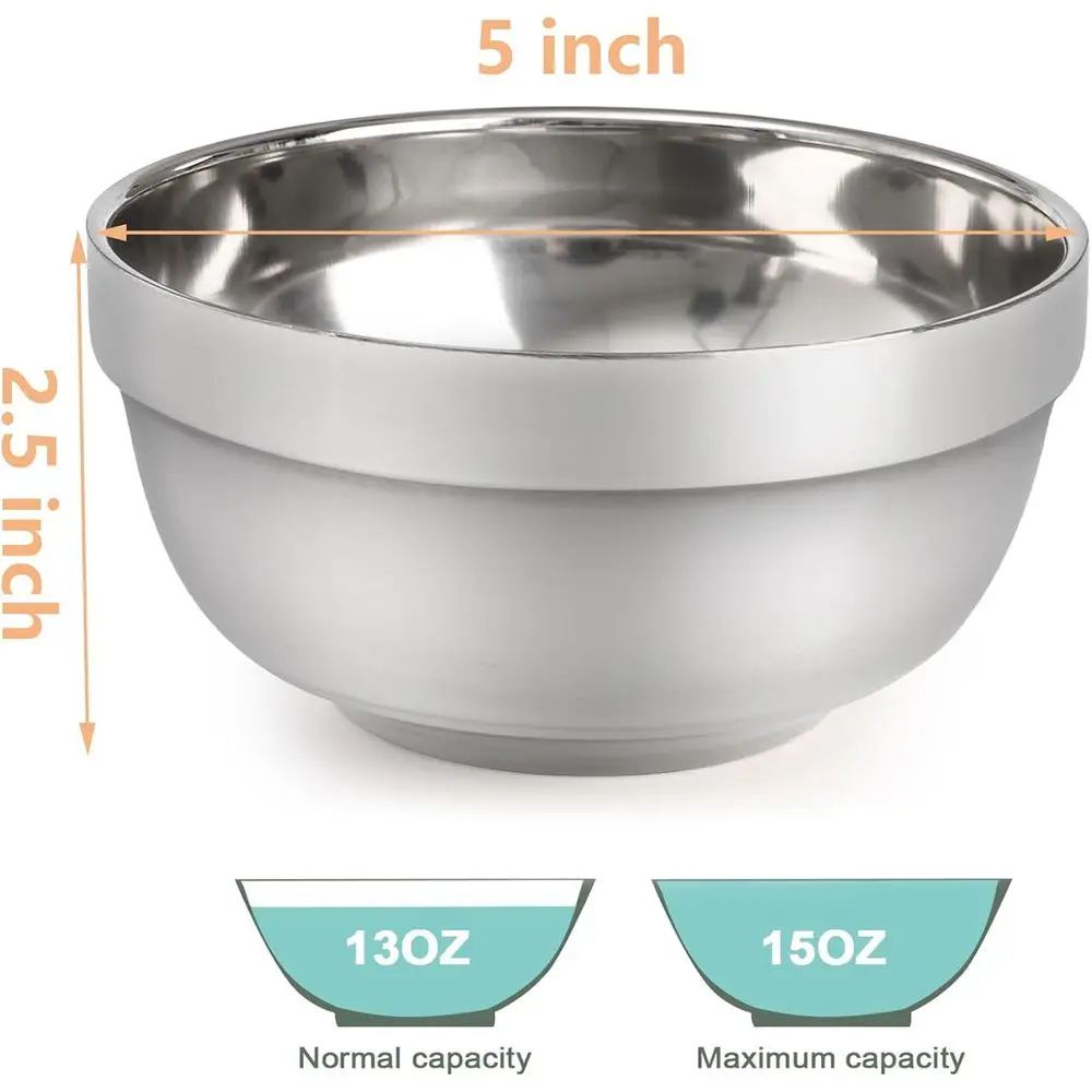 Set of 10 5 Inch Stainless Steel Bowls, 15 Oz Capacity, Ideal for Snacks, Salads, Soups, and More
