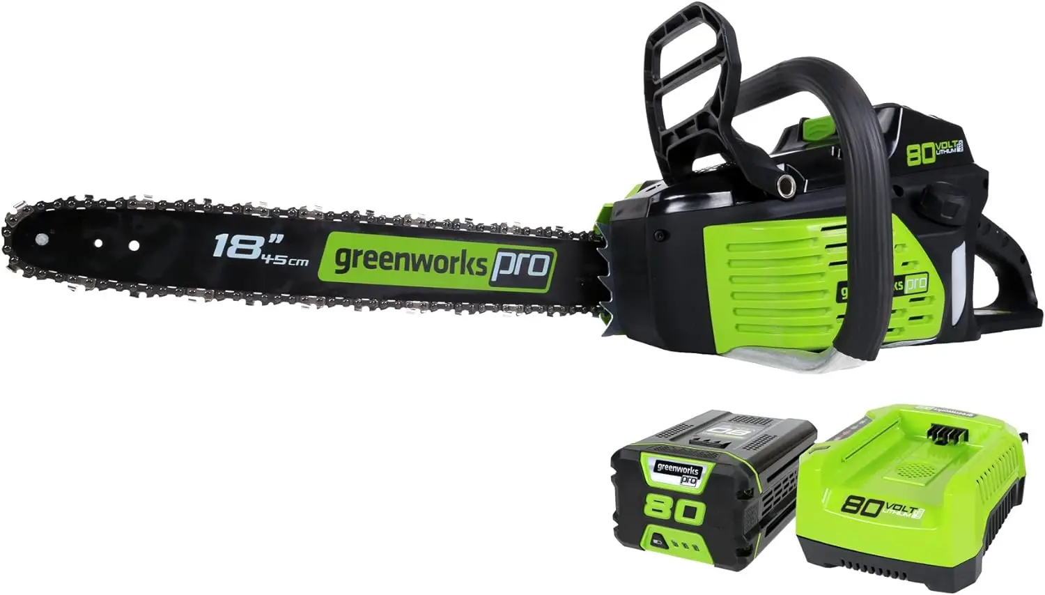 

Greenworks 80V 18" Brushless Cordless Chainsaw (Great For Tree Felling, Limbing, Pruning, and Firewood) / 75+ Compatible Tools),