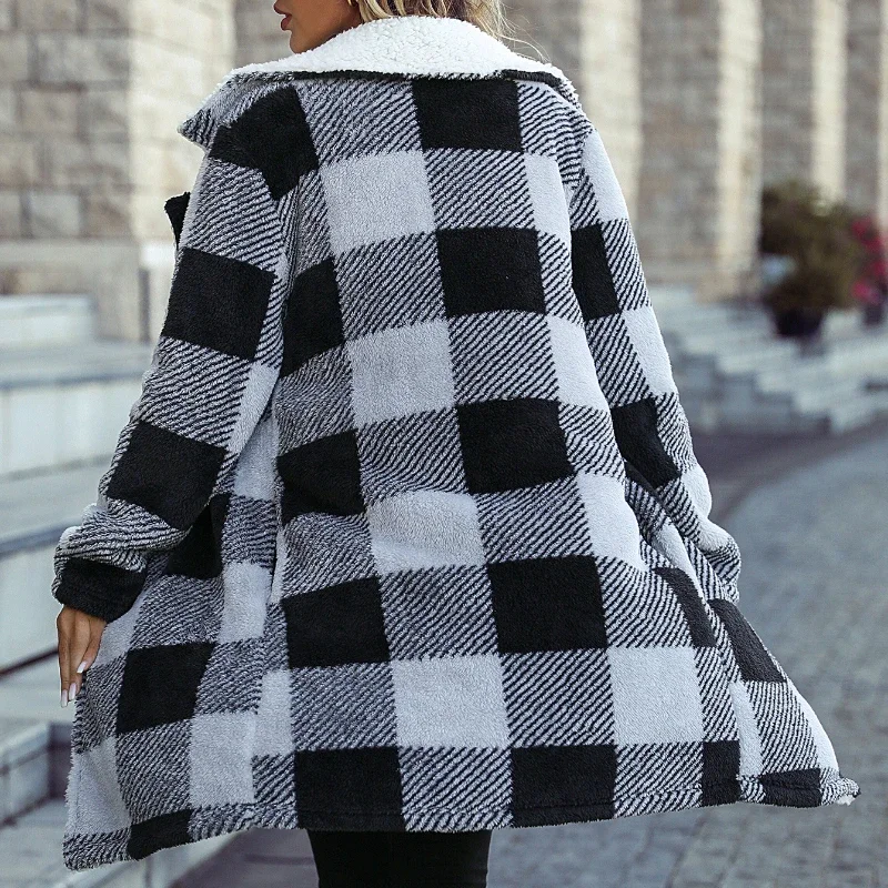 Casual Winter Coat Women\'s Plaid Print Fleece Long Sleeve Lapel Collar Long Line Jacket Fashion Winter Outwear For Women