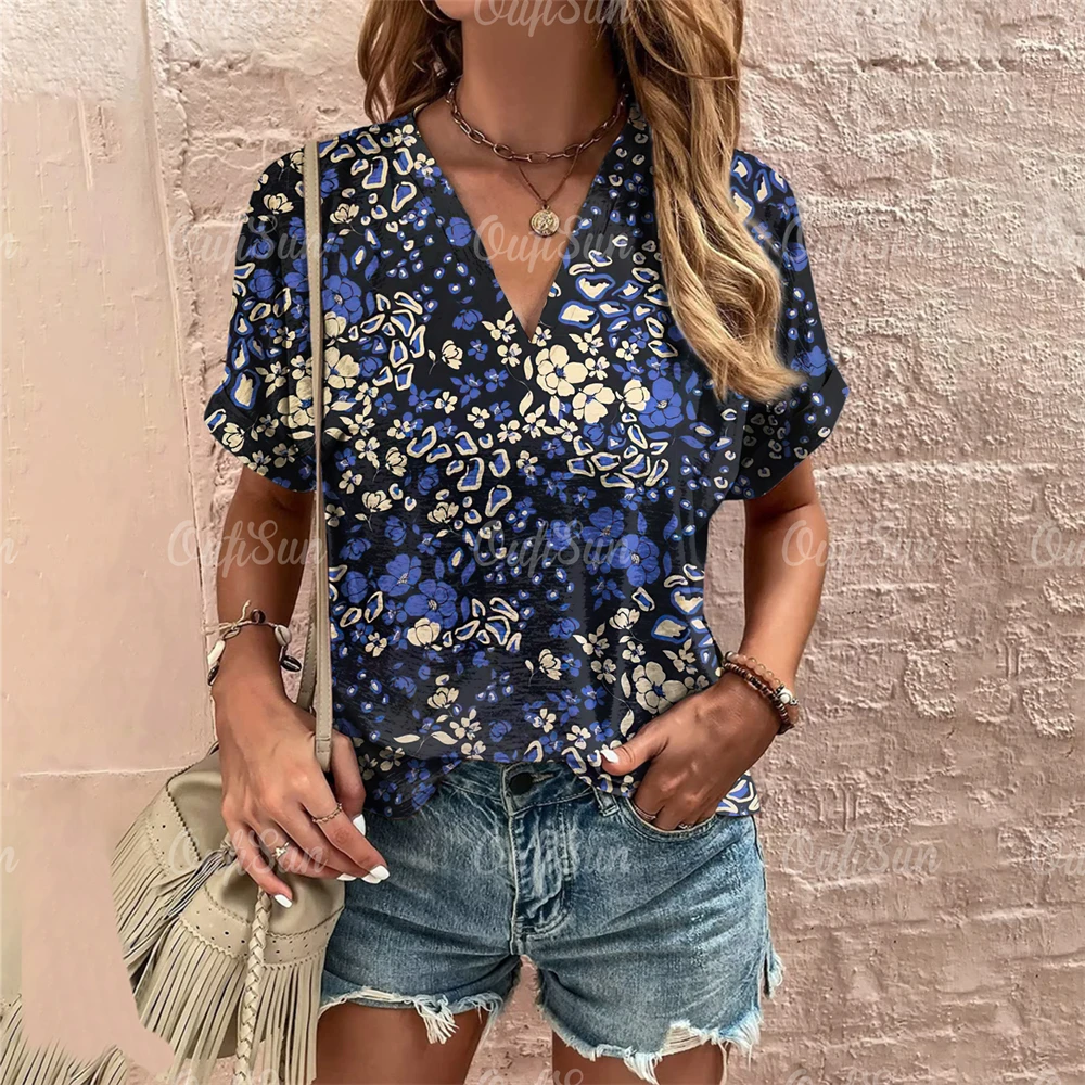 Short Sleeve V Neck Tshirt Women\'s Fashions Loose Plus Size Clothing Crushed Flower Casual T Shirts Streetwear Casual Woman Tops