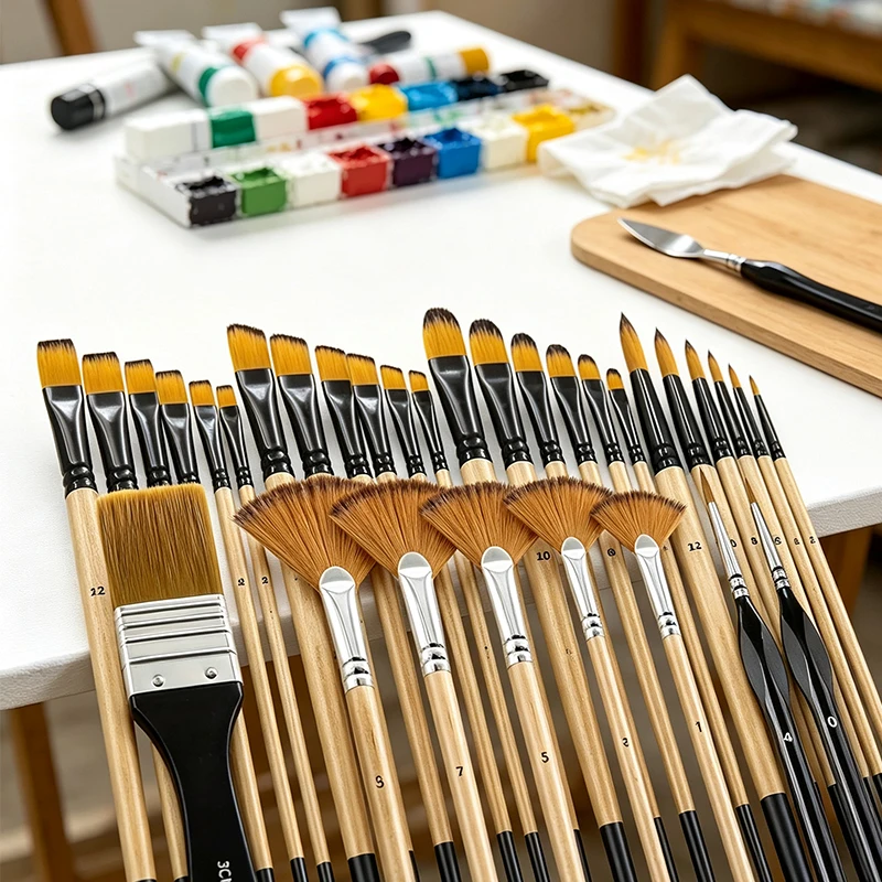 32PCS/Set Professional Nylon Brush with Wooden Handle Ideal for Canvas Paper Fabric Round Flat Fan Angular Tips Artist Grade ZYF