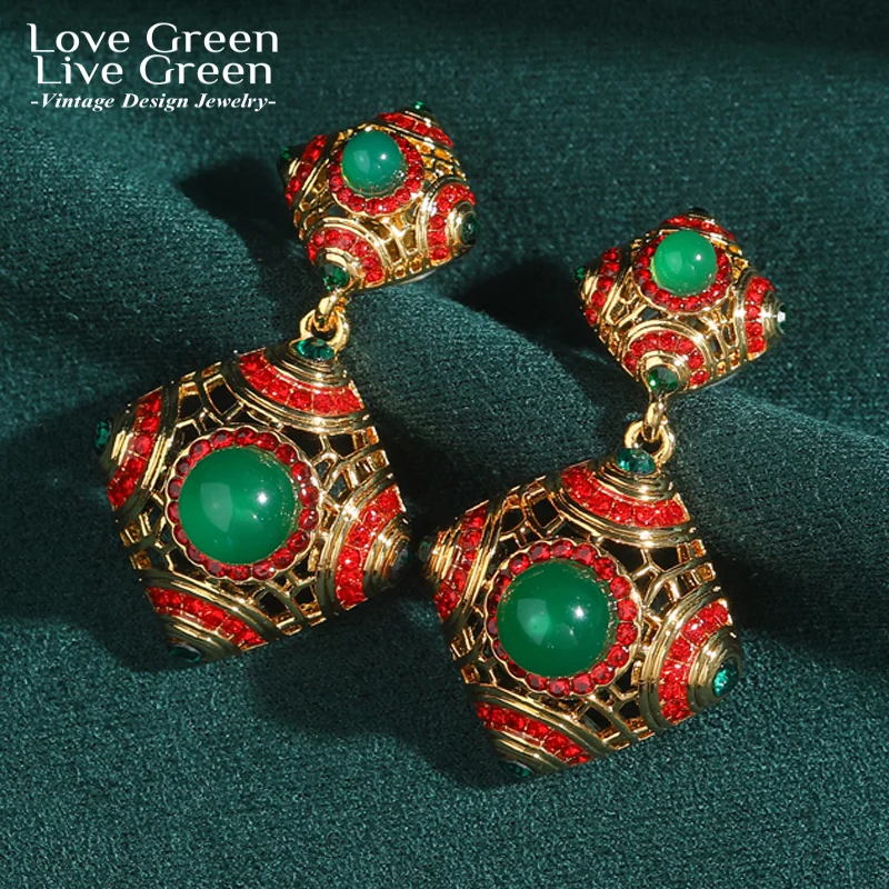 

Vintage Green Glaze Drop Earring Rhinestone Gold Color Jewelry Square Fashion For Women Trends 2025 High Quality Wedding New