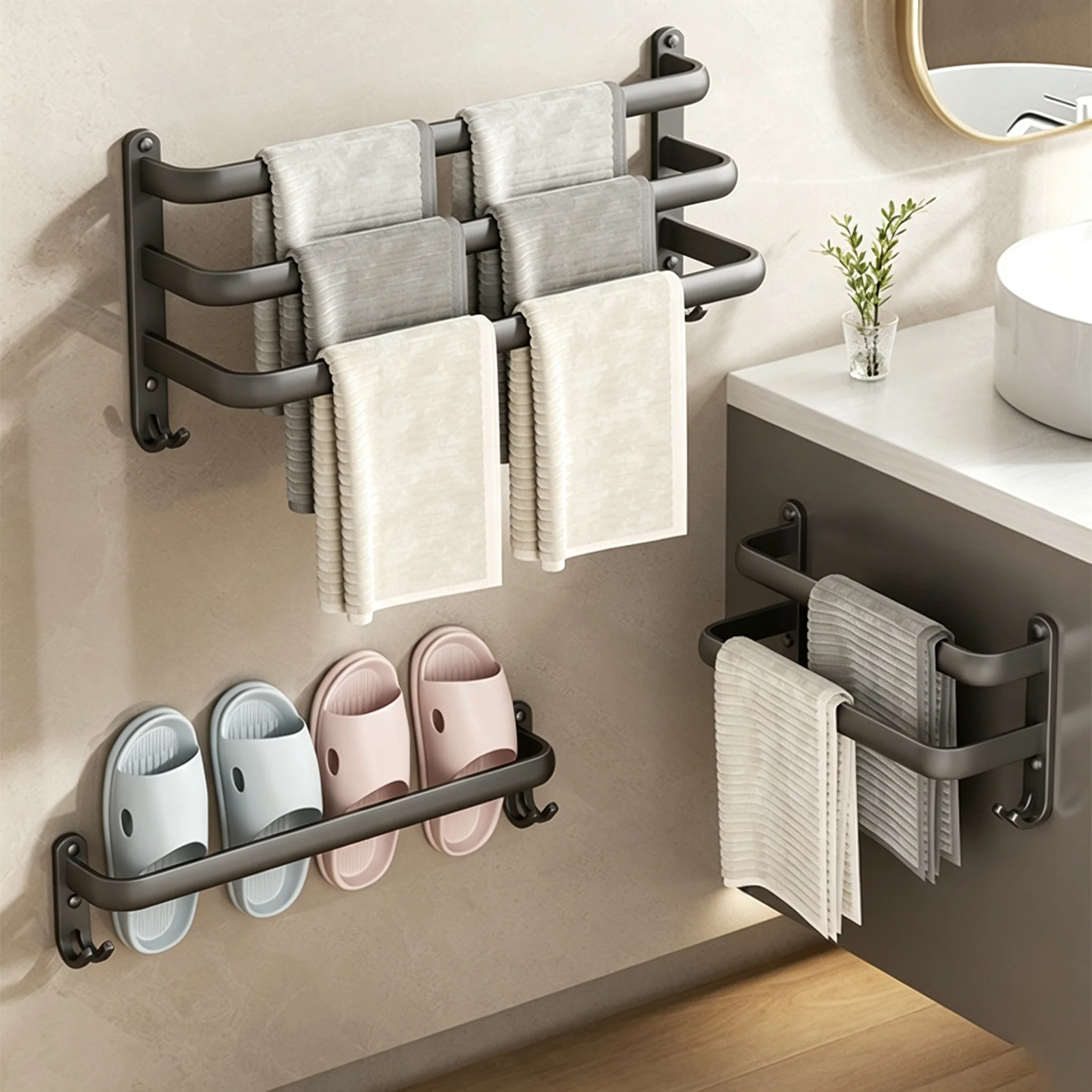 Bathroom Hand Towel Rack Wall Mount No Drill Bath Lavatory Towel Bars Gray Space Aluminum Towel Hanger Holder 3 Tier Towel Rail