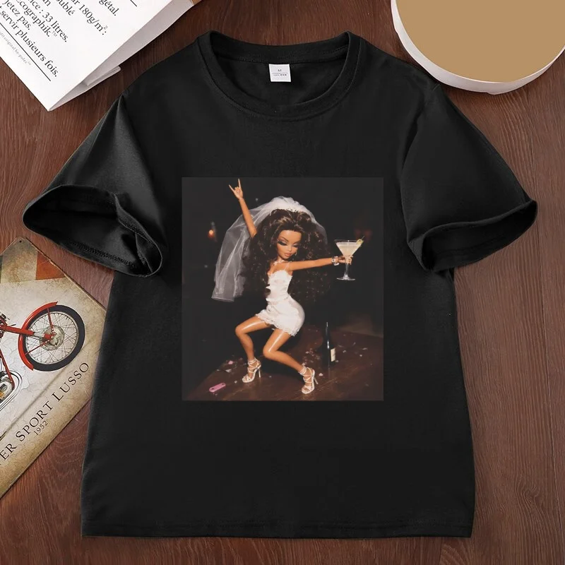 Party Doll Face Meme T-Shirt for Women 90s Bachelorette Party Dancing Doll Tee Funny Bride To Be T Shirt Cotton Short Sleeve