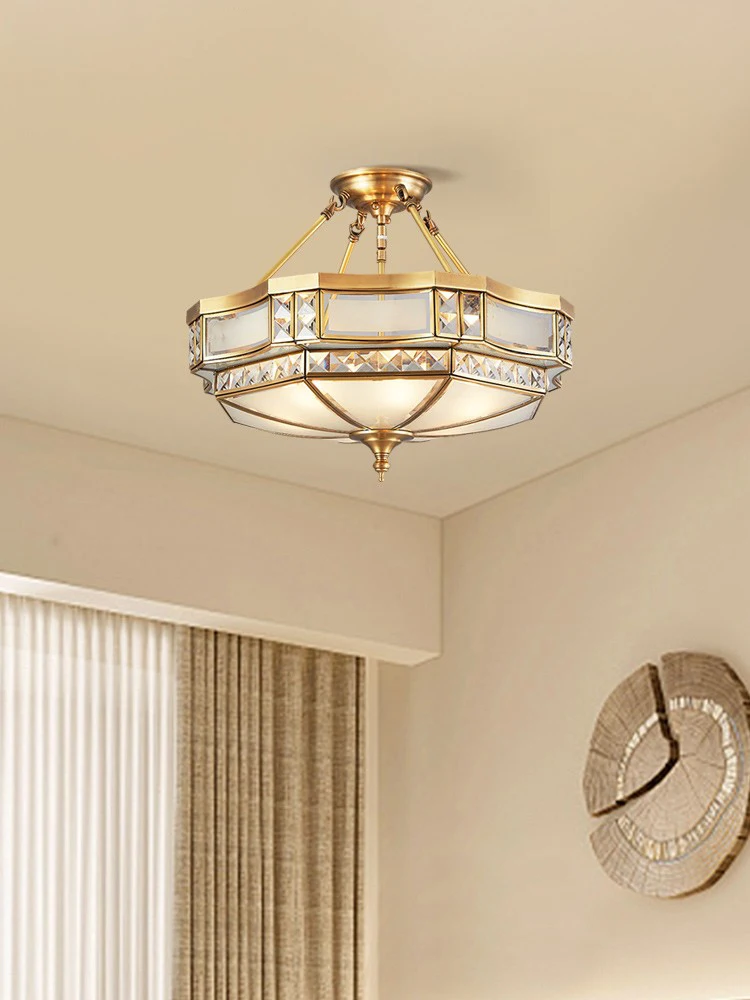 

European-style copper ceiling light luxury crystal study bedroom semi-suspended hall lamp American classic