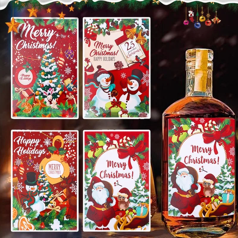 12/48PCS Christmas Wine Bottle Label Self-Adhesive Vinyl Wine Sticker DIY Santa Claus Xmas Tree Paper Waterproof Stickers Wraps