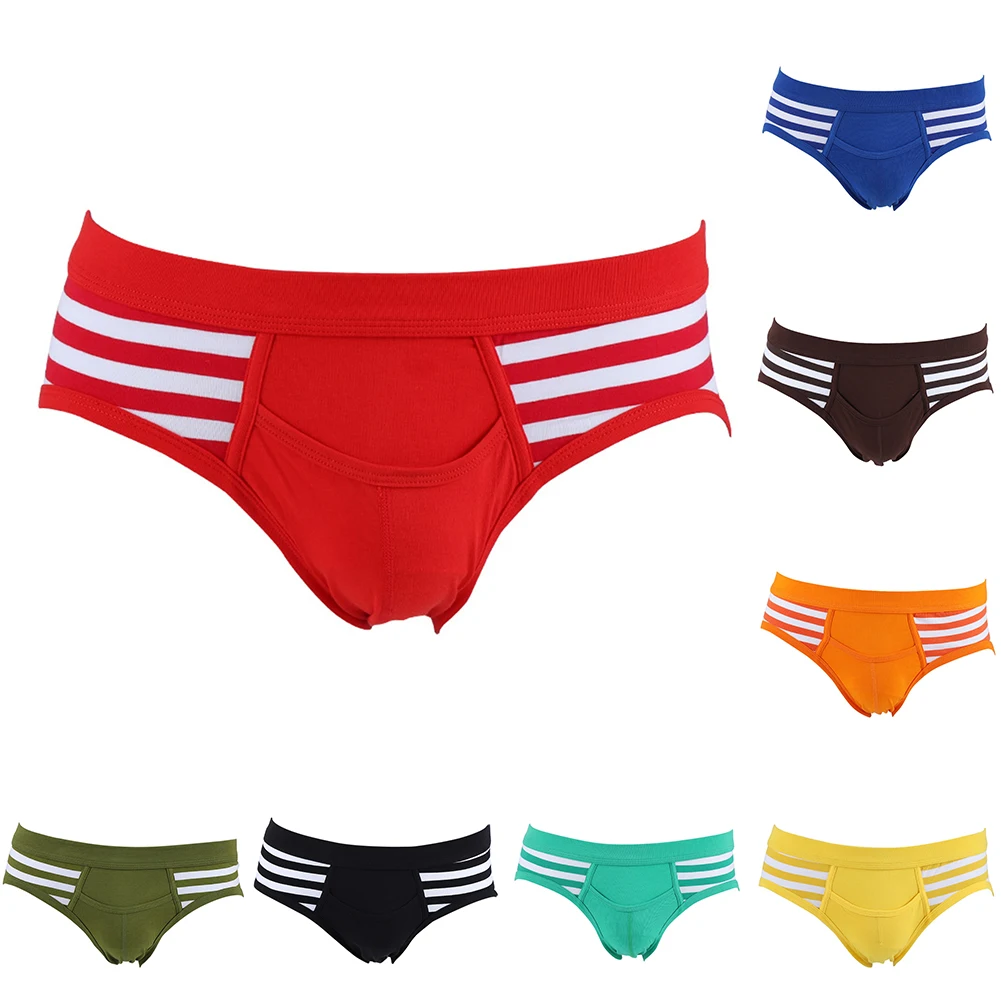 Striped Briefs Men Sexy Breathable Cotton Pouch Underwear Bikini Middle Waist Underpants Men\'s Swimming Sleep Bottoms Trunks