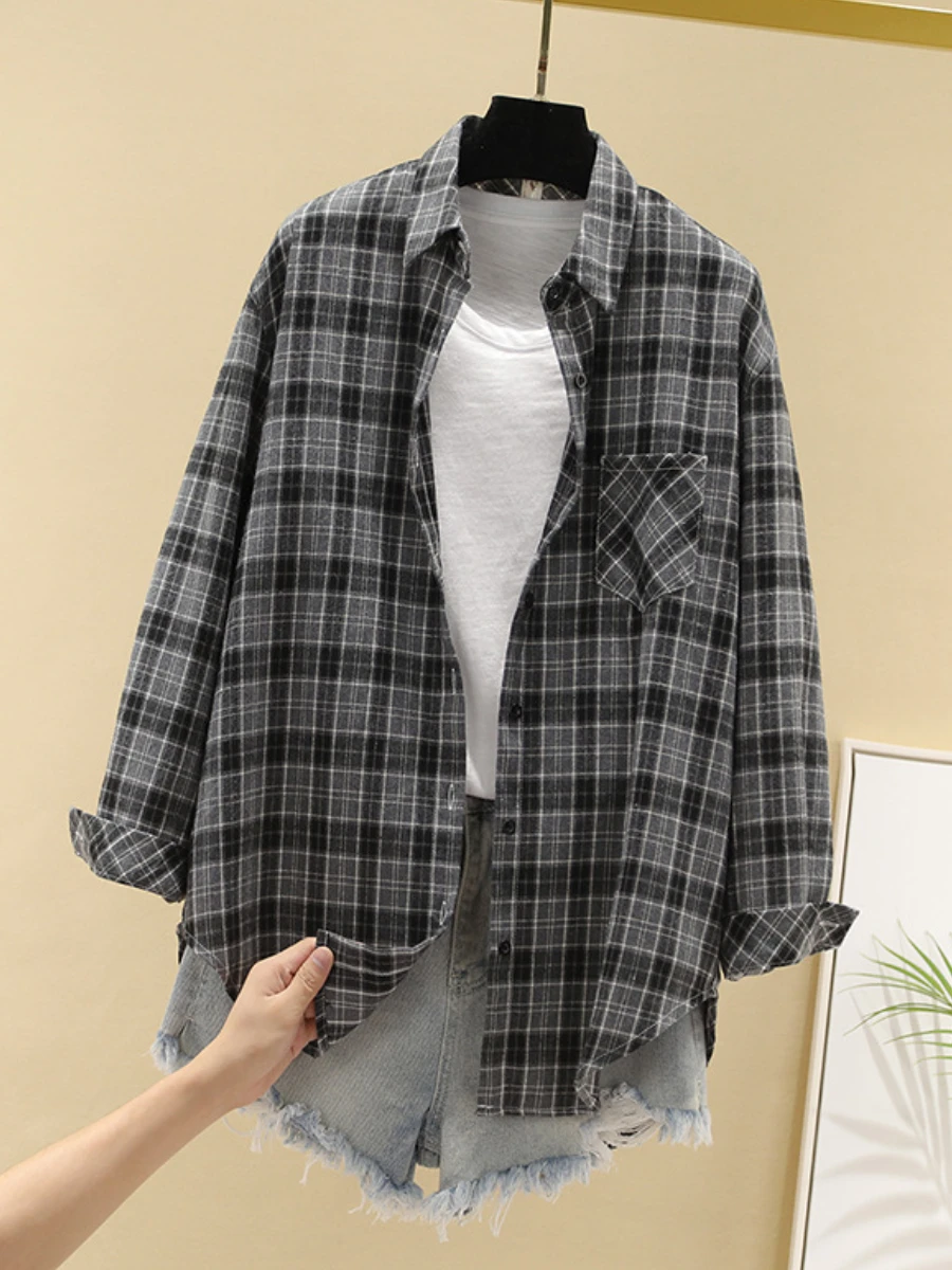 Cotton Plaid Shirt Women\'s Korean Loose Long Sleeved Retro College Style Thin Jacket Female Clothing All Seasons Tienda Traf