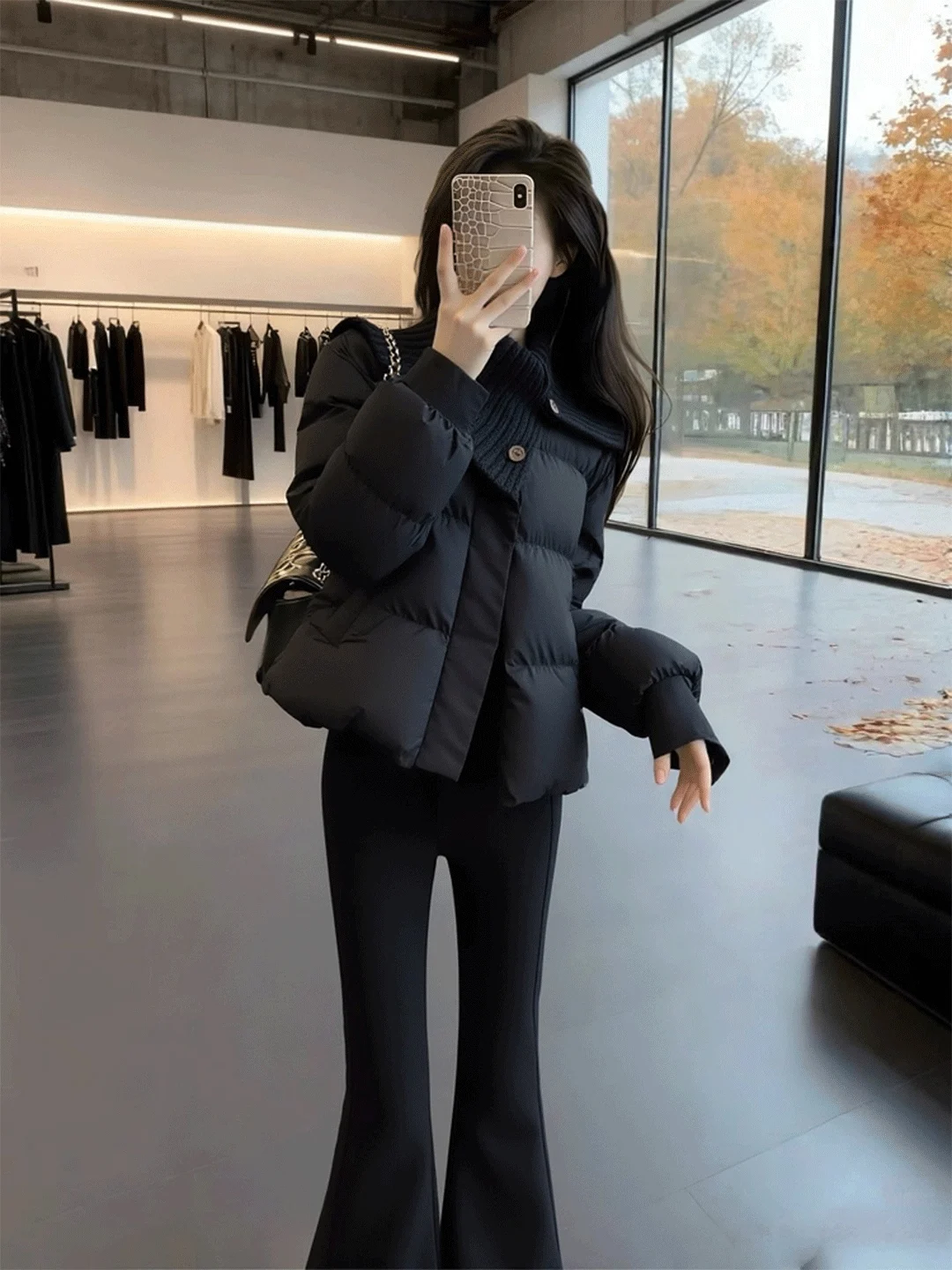 Stylish Black Short Cotton Jacket Thick Warm Winter Coat Korean Style Small Size Filled Commute Friendly Pure Color Design