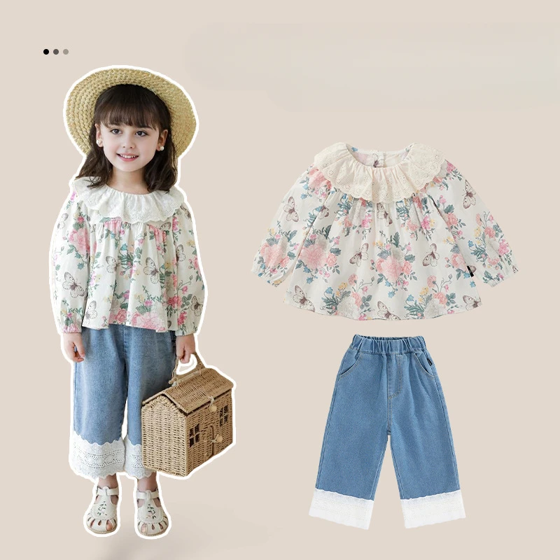 

Girls Pants Korean Version 2024 Spring New Little Girl Fresh Splicing Pants Autumn Children Simple Casual Jeans Trousers