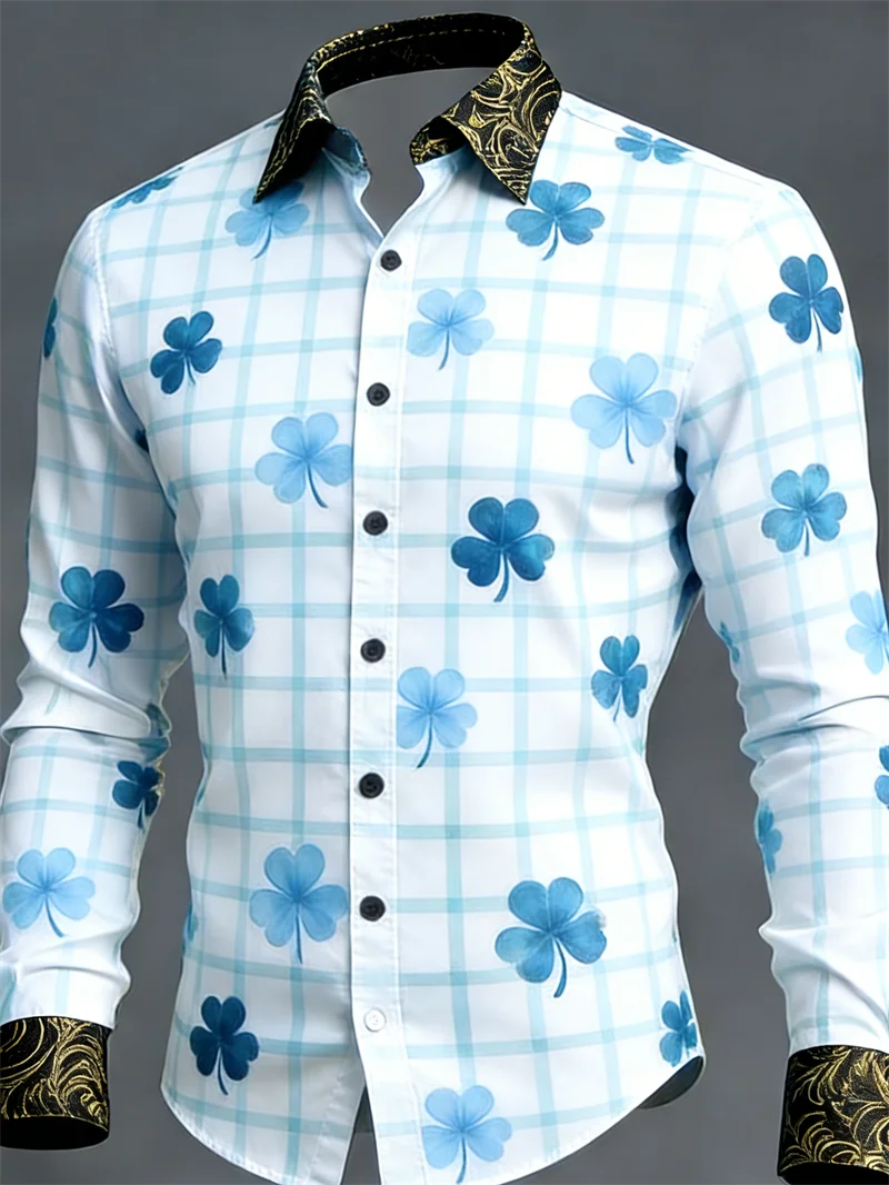 

Новая мужская рубашка с длинным рукавом в ретро-стиле с 3D-принтом клевера, коричневая, повседневная, для ежедневной носки.