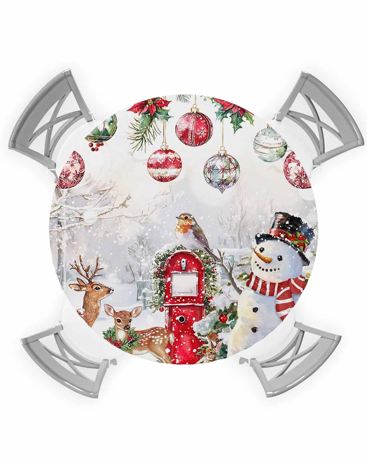 Christmas Ball Snow Scenery Animals Round Elastic Edged Table Cover Protector Cloth Waterproof Rectangle Fitted Tablecloth